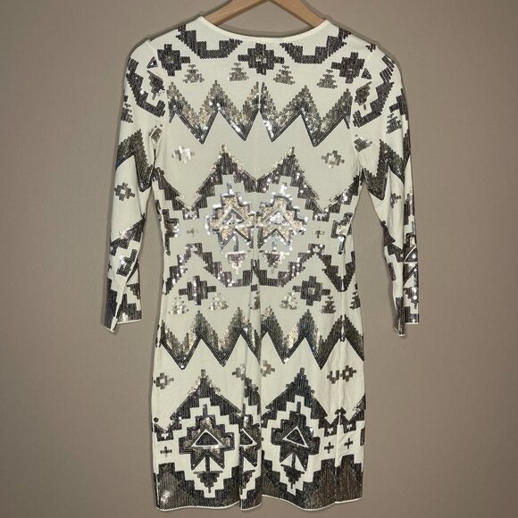 Women's S Express Geometric Sequin Aztec Dress Long Sleeve  Sheath Mini - Picture 3 of 7